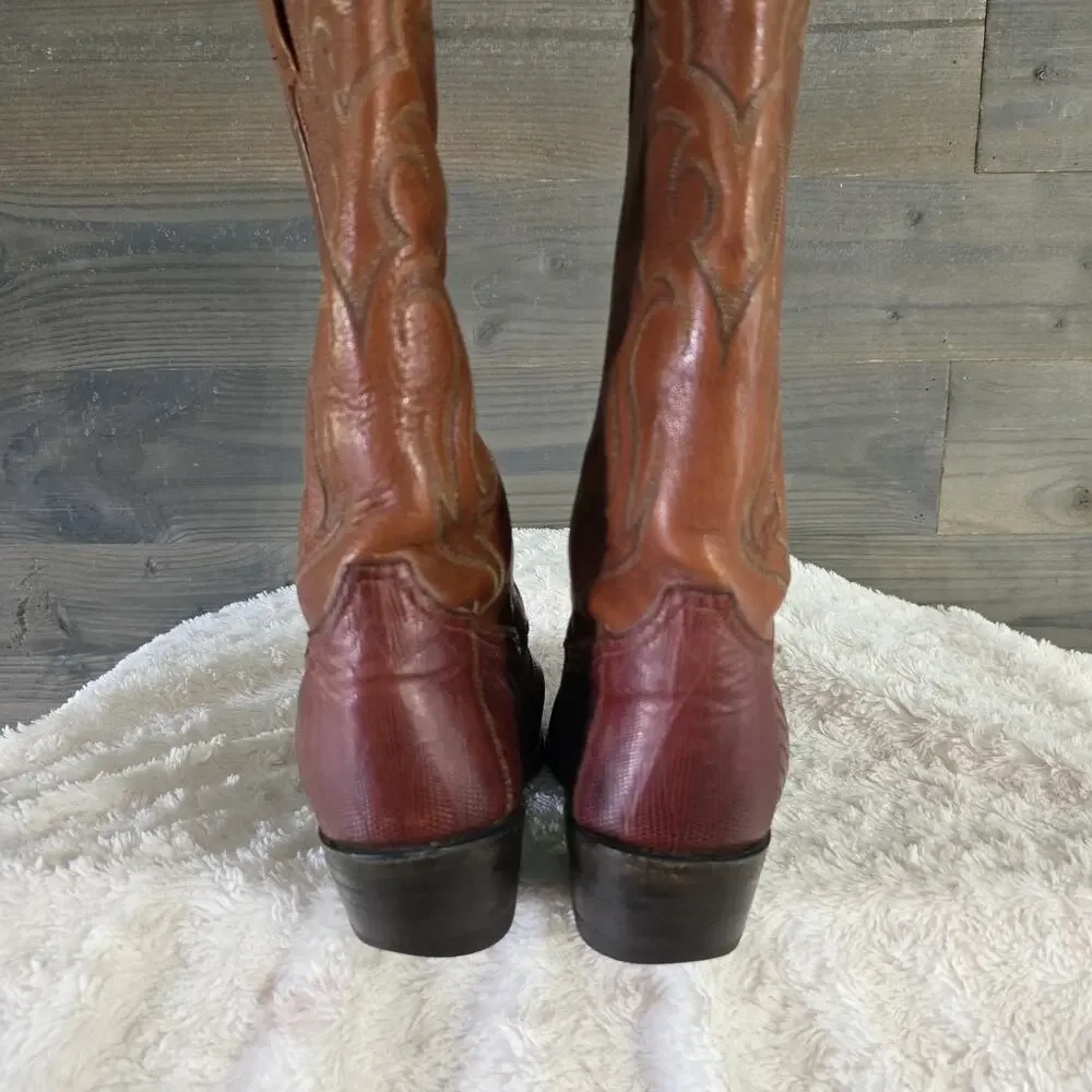 Vintage Tony Lama Brown Stitched Teju Lizard Leather Western Boots MENS SIZE 9